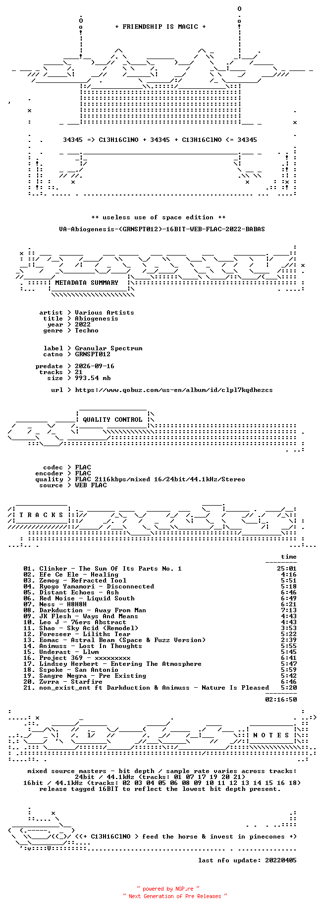NFO for the release VA-Abiogenesis-(GRNSPT012)-16BIT-WEB-FLAC-2022-BABAS by BABAS