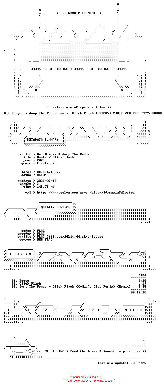 NFO for the release Dai_Burger_x_Jump_The_Fence-Boots__Click_Flash-(HST085)-24BIT-WEB-FLAC-2025-BABAS by BABAS