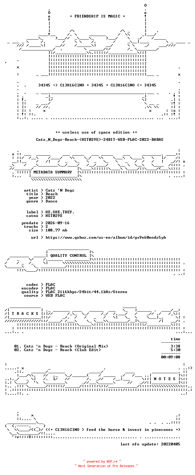 NFO for the release Catz_N_Dogz-Reach-(HST029E)-24BIT-WEB-FLAC-2022-BABAS by BABAS