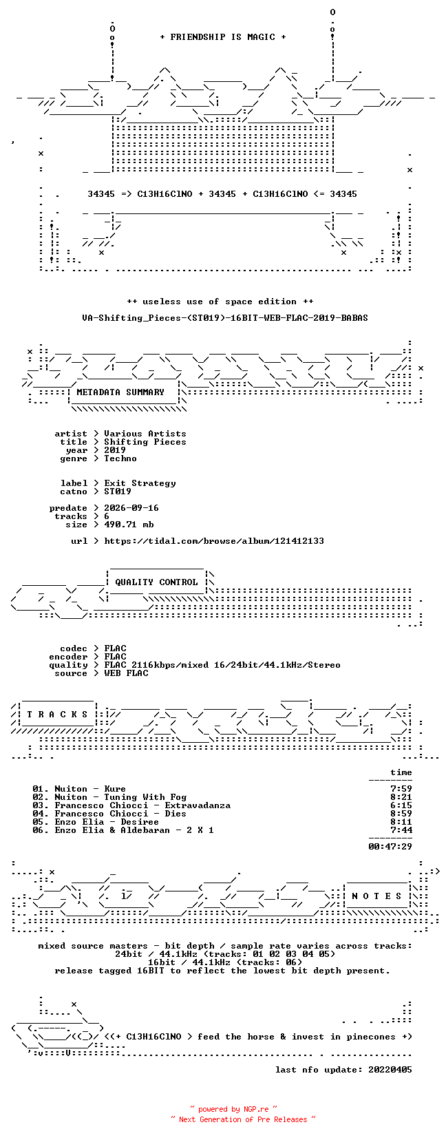 NFO for the release VA-Shifting_Pieces-(ST019)-16BIT-WEB-FLAC-2019-BABAS by BABAS