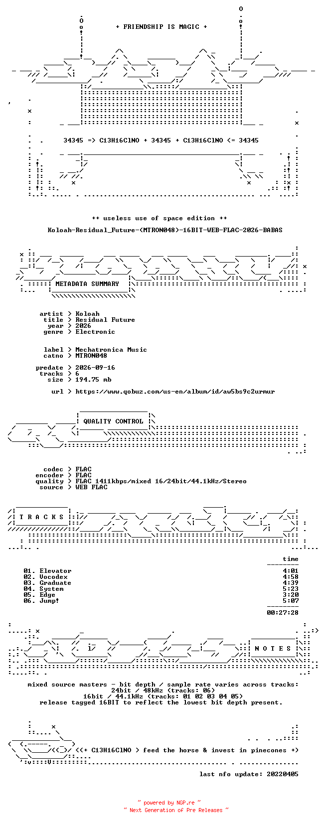 NFO for the release Koloah-Residual_Future-(MTRON048)-16BIT-WEB-FLAC-2026-BABAS by BABAS