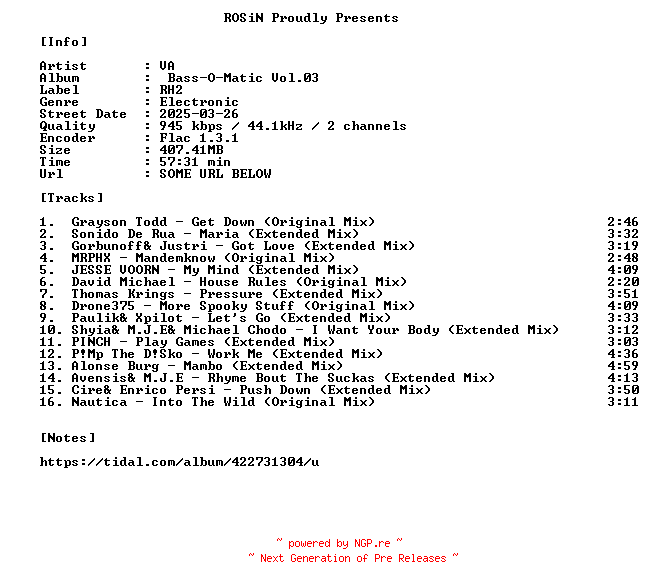 NFO for the release VA-Bass-O-Matic_Vol.03-16BIT-WEB-FLAC-2025-ROSiN by ROSiN