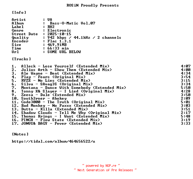 NFO for the release VA-Bass-O-Matic_Vol.07-16BIT-WEB-FLAC-2025-ROSiN by ROSiN