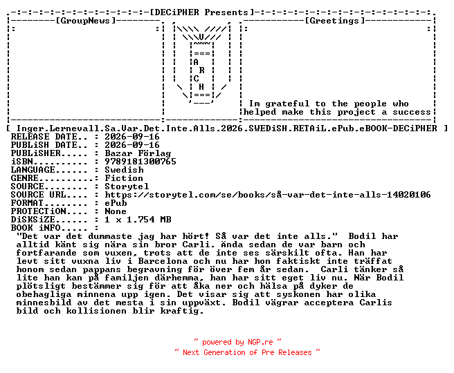 NFO for the release Inger.Lernevall.Sa.Var.Det.Inte.Alls.2026.SWEDiSH.RETAiL.ePub.eBOOK-DECiPHER by DECiPHER