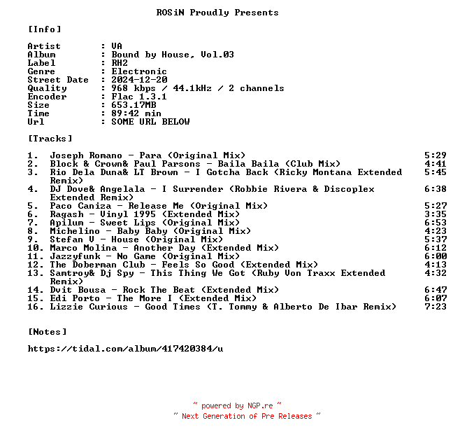 NFO for the release VA-Bound_By_House_Vol.03-16BIT-WEB-FLAC-2024-ROSiN by ROSiN