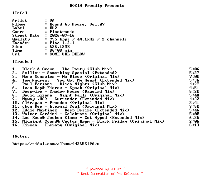 NFO for the release VA-Bound_By_House_Vol.07-16BIT-WEB-FLAC-2026-ROSiN by ROSiN