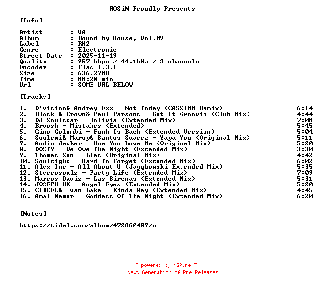 NFO for the release VA-Bound_By_House_Vol.09-16BIT-WEB-FLAC-2025-ROSiN by ROSiN