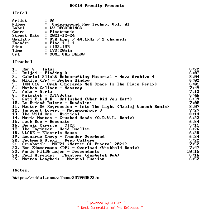 NFO for the release VA-Underground_Raw_Techno_Vol._03-16BIT-WEB-FLAC-2021-ROSiN by ROSiN