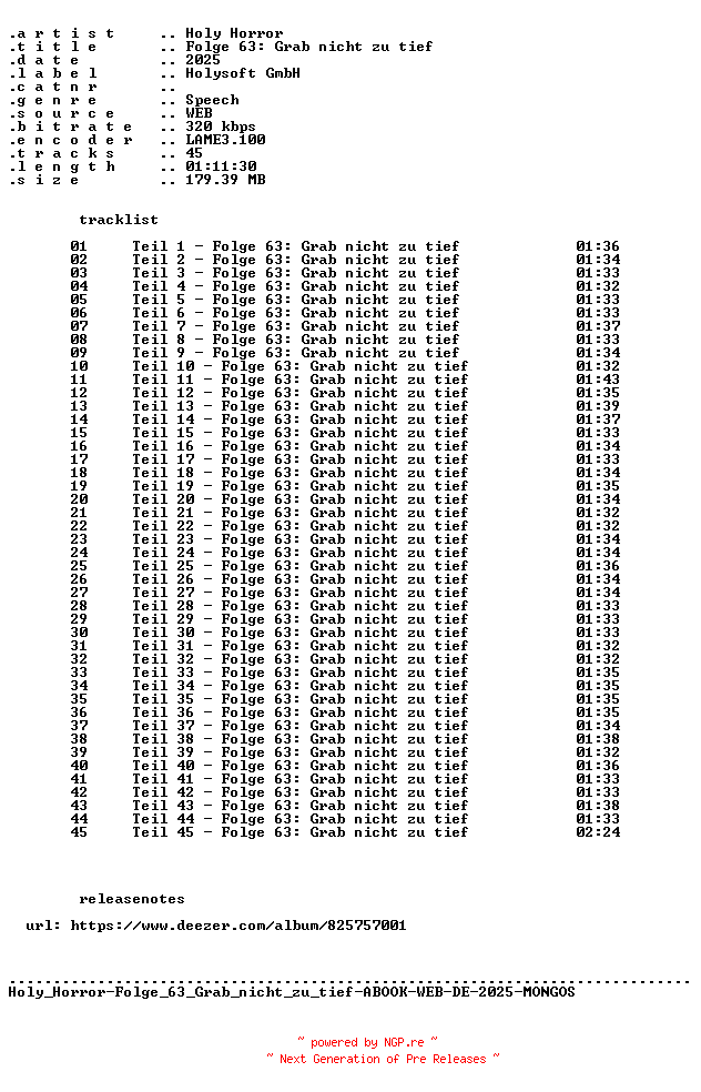 NFO for the release Holy_Horror-Folge_63_Grab_nicht_zu_tief-ABOOK-WEB-DE-2025-MONGOS by MONGOS