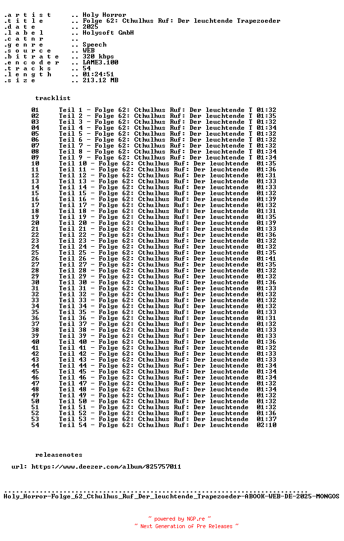 NFO for the release Holy_Horror-Folge_62_Cthulhus_Ruf_Der_leuchtende_Trapezoeder-ABOOK-WEB-DE-2025-MONGOS by MONGOS