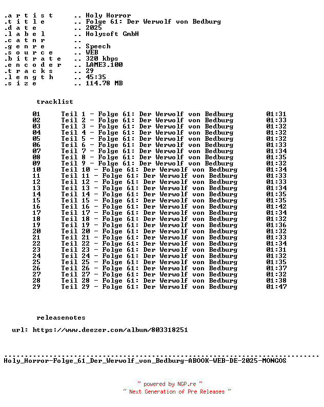 NFO for the release Holy_Horror-Folge_61_Der_Werwolf_von_Bedburg-ABOOK-WEB-DE-2025-MONGOS by MONGOS