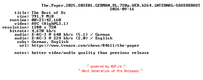 NFO for the release The.Paper.2025.S02E01.GERMAN.DL.720p.WEB.h264.iNTERNAL-SAUERKRAUT by SAUERKRAUT