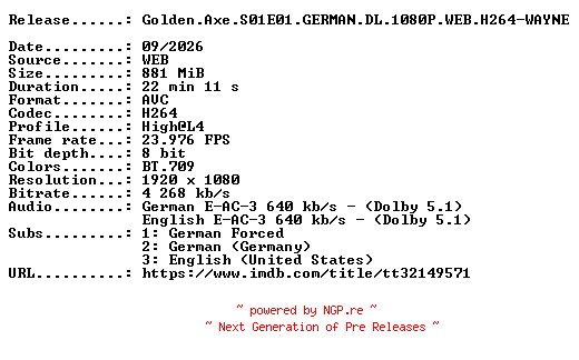 NFO for the release Golden.Axe.S01E01.GERMAN.DL.1080P.WEB.H264-WAYNE by WAYNE