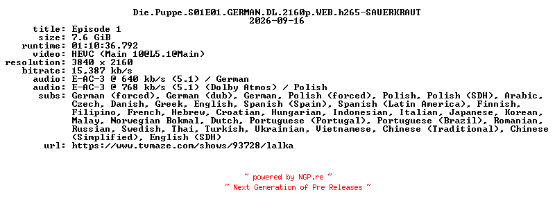 NFO for the release Die.Puppe.S01E01.GERMAN.DL.2160p.WEB.h265-SAUERKRAUT by SAUERKRAUT