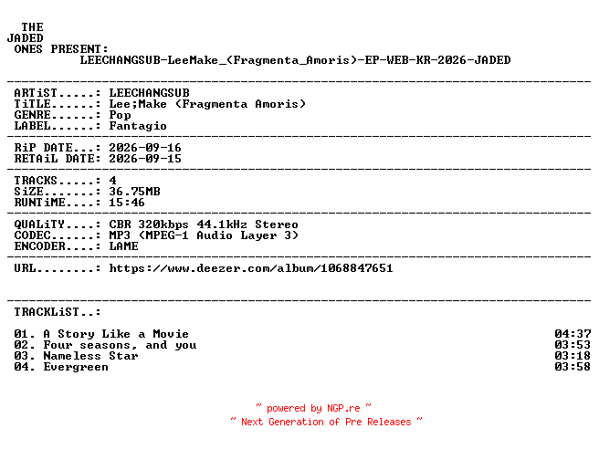 NFO for the release LEECHANGSUB-LeeMake_(Fragmenta_Amoris)-EP-WEB-KR-2026-JADED by JADED