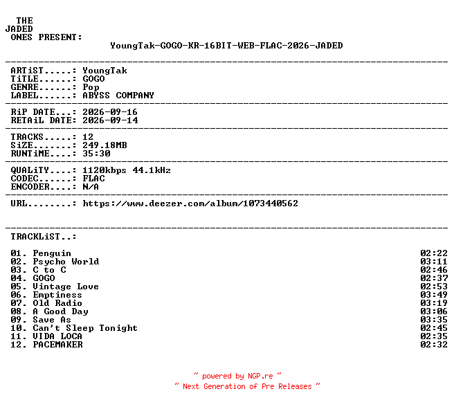 NFO for the release YoungTak-GOGO-KR-16BIT-WEB-FLAC-2026-JADED by JADED