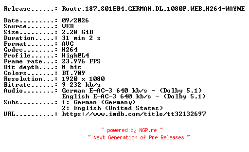 NFO for the release Route.187.S01E04.GERMAN.DL.1080P.WEB.H264-WAYNE by WAYNE