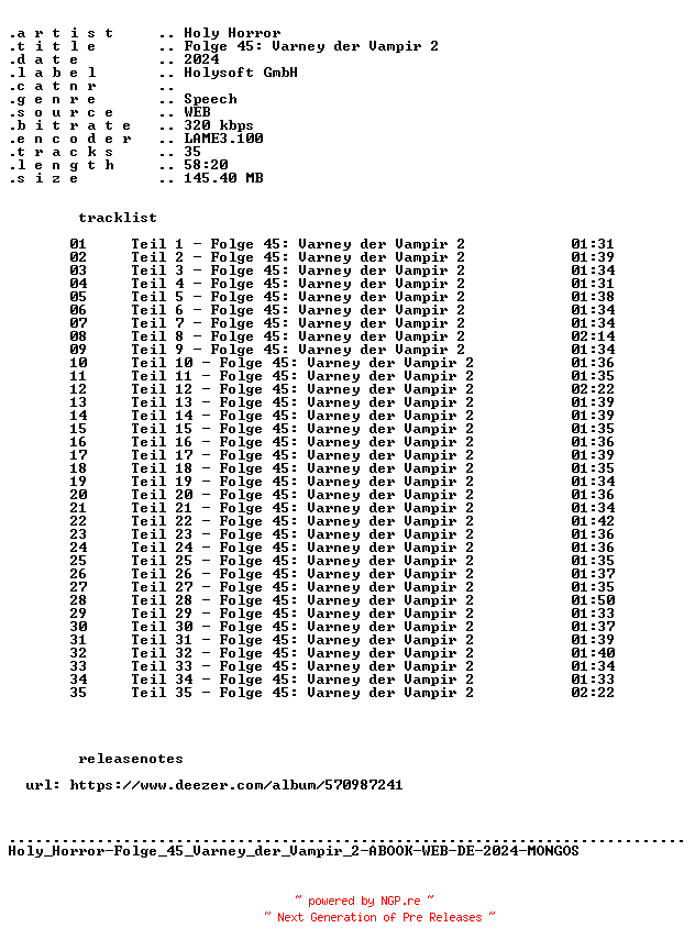 NFO for the release Holy_Horror-Folge_45_Varney_der_Vampir_2-ABOOK-WEB-DE-2024-MONGOS by MONGOS