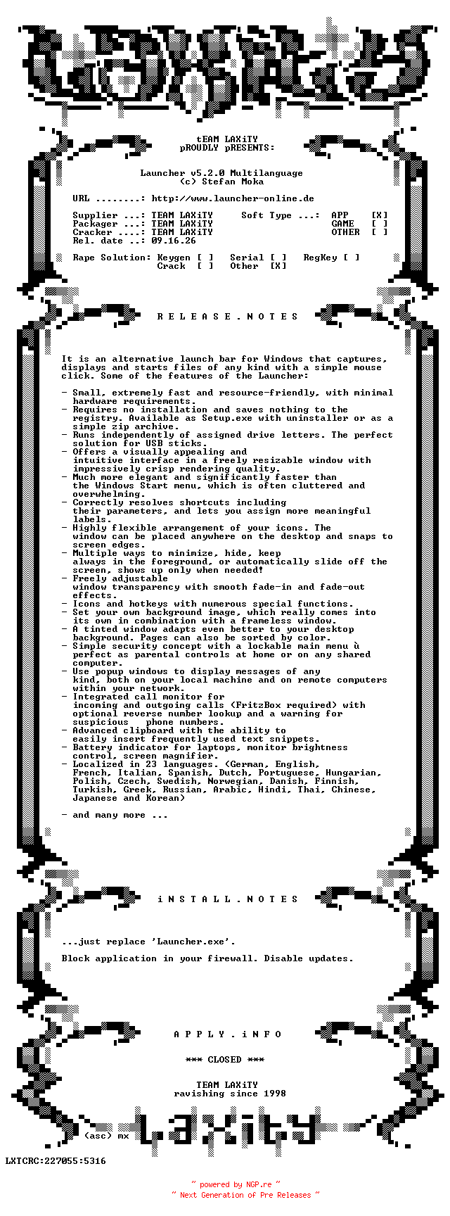 NFO for the release Launcher.v5.2.0.Multilanguage-LAXiTY by LAXiTY