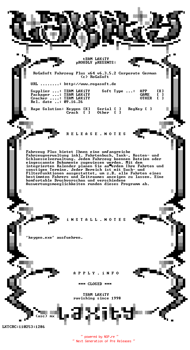 NFO for the release RoGaSoft.Fahrzeug.Plus.x64.v6.3.5.2.Corporate.German.incl.Keygen-LAXiTY by LAXiTY