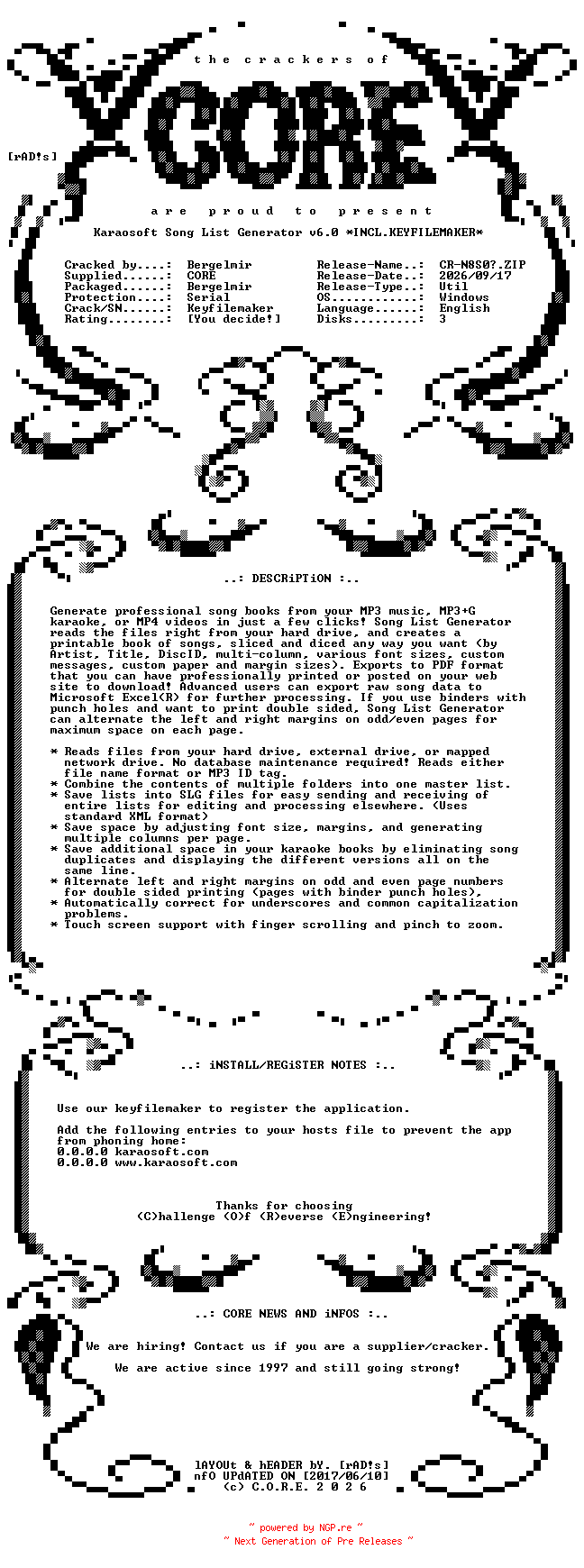 NFO for the release Karaosoft.Song.List.Generator.v6.0.Incl.Keyfilemaker-CORE by CORE