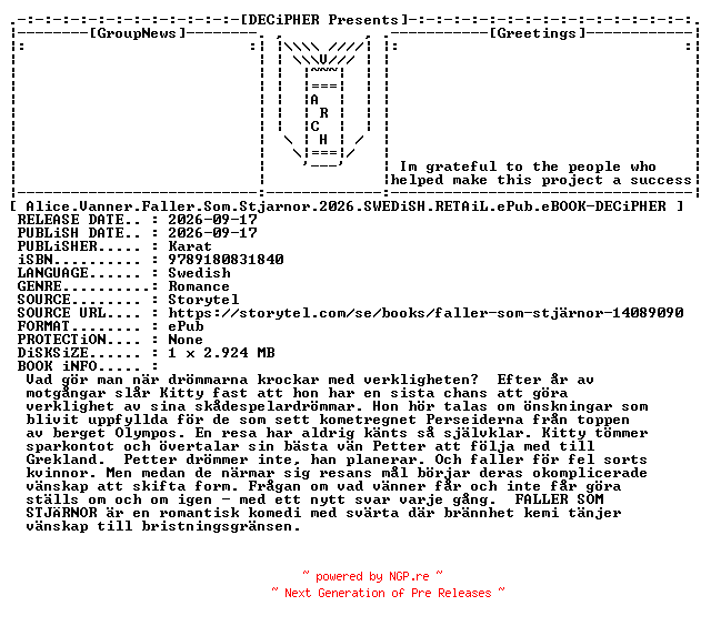 NFO for the release Alice.Vanner.Faller.Som.Stjarnor.2026.SWEDiSH.RETAiL.ePub.eBOOK-DECiPHER by DECiPHER
