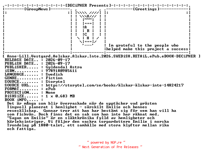 NFO for the release Anne.Lill.Vestgard.Aelskar.Alskar.Inte.2026.SWEDiSH.RETAiL.ePub.eBOOK-DECiPHER by DECiPHER