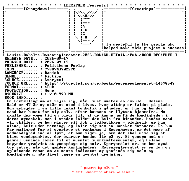 NFO for the release Louise.Roholte.Rosenreglementet.2026.DANiSH.RETAiL.ePub.eBOOK-DECiPHER by DECiPHER
