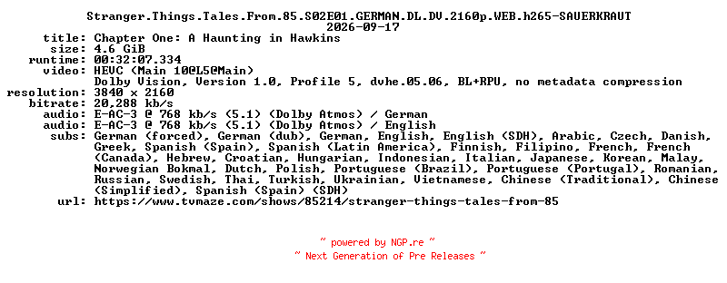 NFO for the release Stranger.Things.Tales.From.85.S02E01.GERMAN.DL.DV.2160p.WEB.h265-SAUERKRAUT by SAUERKRAUT