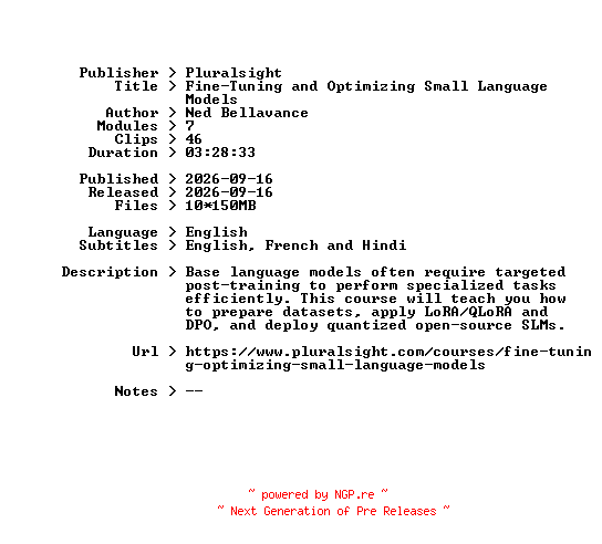 NFO for the release Pluralsight.Fine-Tuning.and.Optimizing.Small.Language.Models.2026.BOOKWARE-GETH by GETH