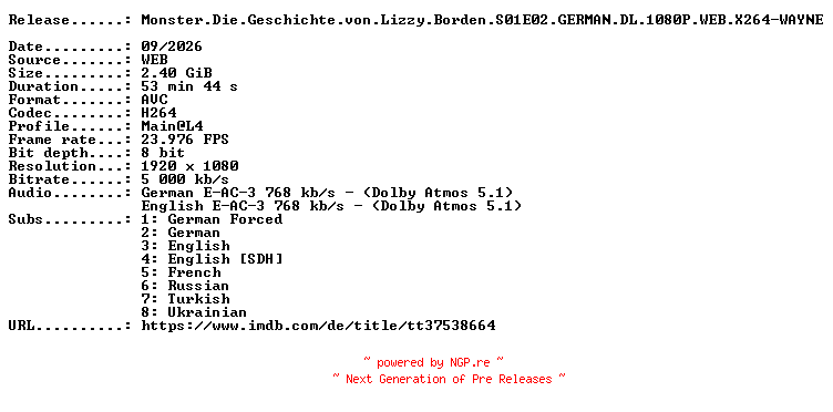 NFO for the release Monster.Die.Geschichte.von.Lizzy.Borden.S01E02.GERMAN.DL.1080P.WEB.X264-WAYNE by WAYNE