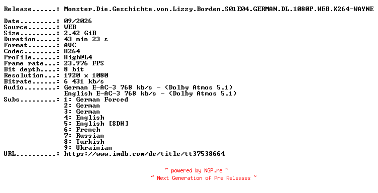 NFO for the release Monster.Die.Geschichte.von.Lizzy.Borden.S01E04.GERMAN.DL.1080P.WEB.X264-WAYNE by WAYNE