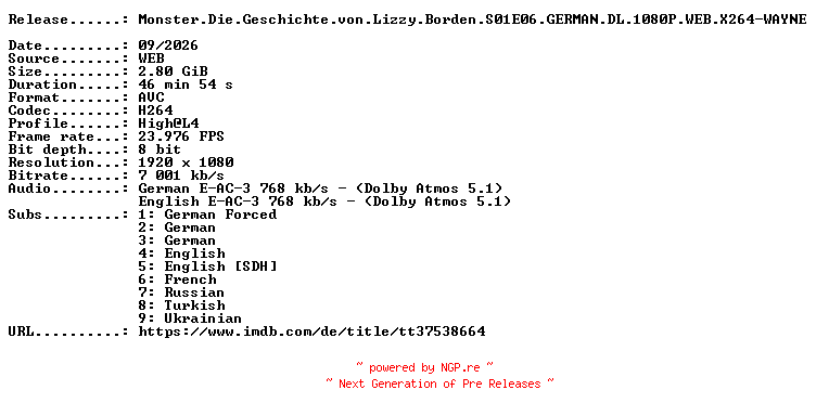 NFO for the release Monster.Die.Geschichte.von.Lizzy.Borden.S01E06.GERMAN.DL.1080P.WEB.X264-WAYNE by WAYNE