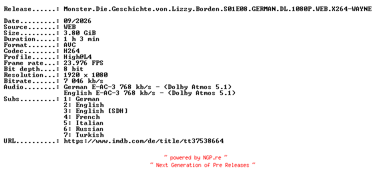 NFO for the release Monster.Die.Geschichte.von.Lizzy.Borden.S01E08.GERMAN.DL.1080P.WEB.X264-WAYNE by WAYNE