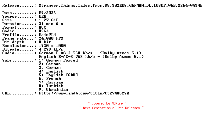 NFO for the release Stranger.Things.Tales.from.85.S02E08.GERMAN.DL.1080P.WEB.X264-WAYNE by WAYNE