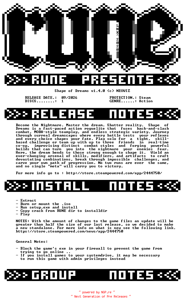 NFO for the release Shape.of.Dreams.v1.4.0-RUNE by RUNE