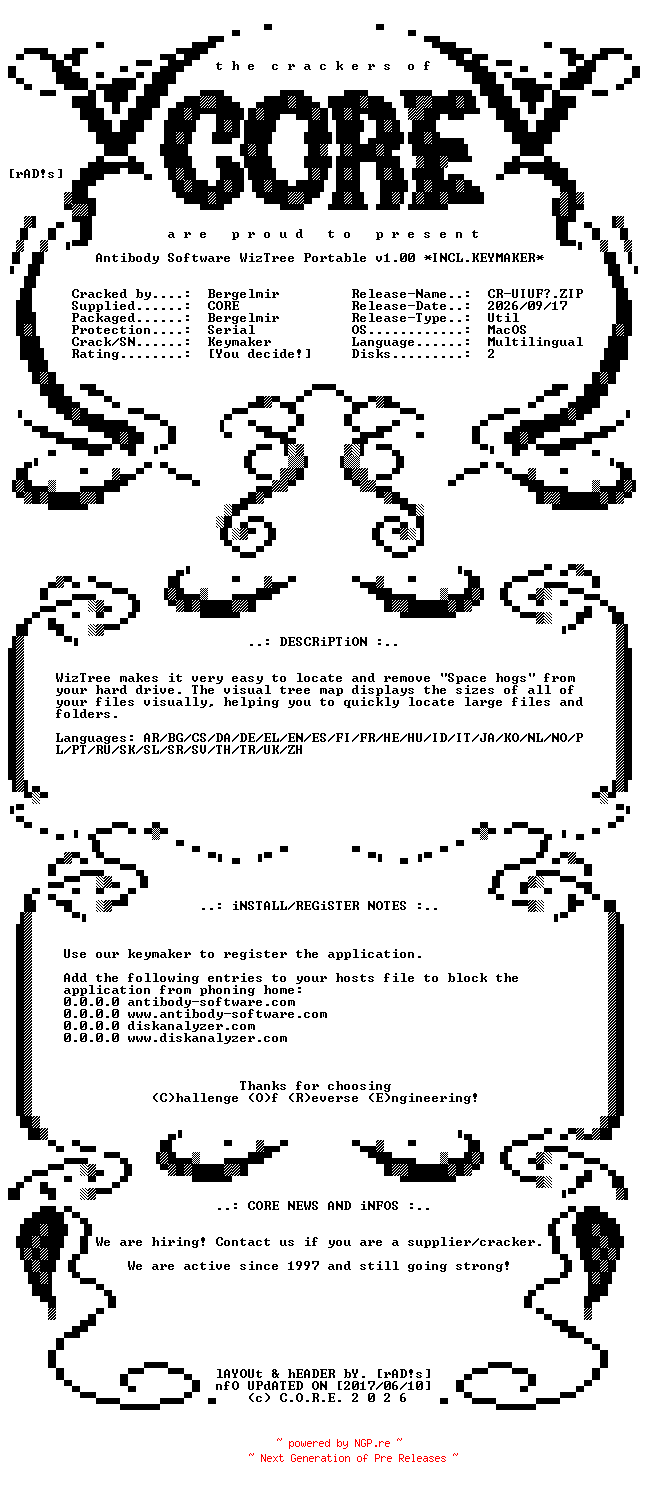 NFO for the release Antibody.Software.WizTree.Portable.v1.00.MacOS.UB.Multilingual.Incl.Keymaker-CORE by CORE