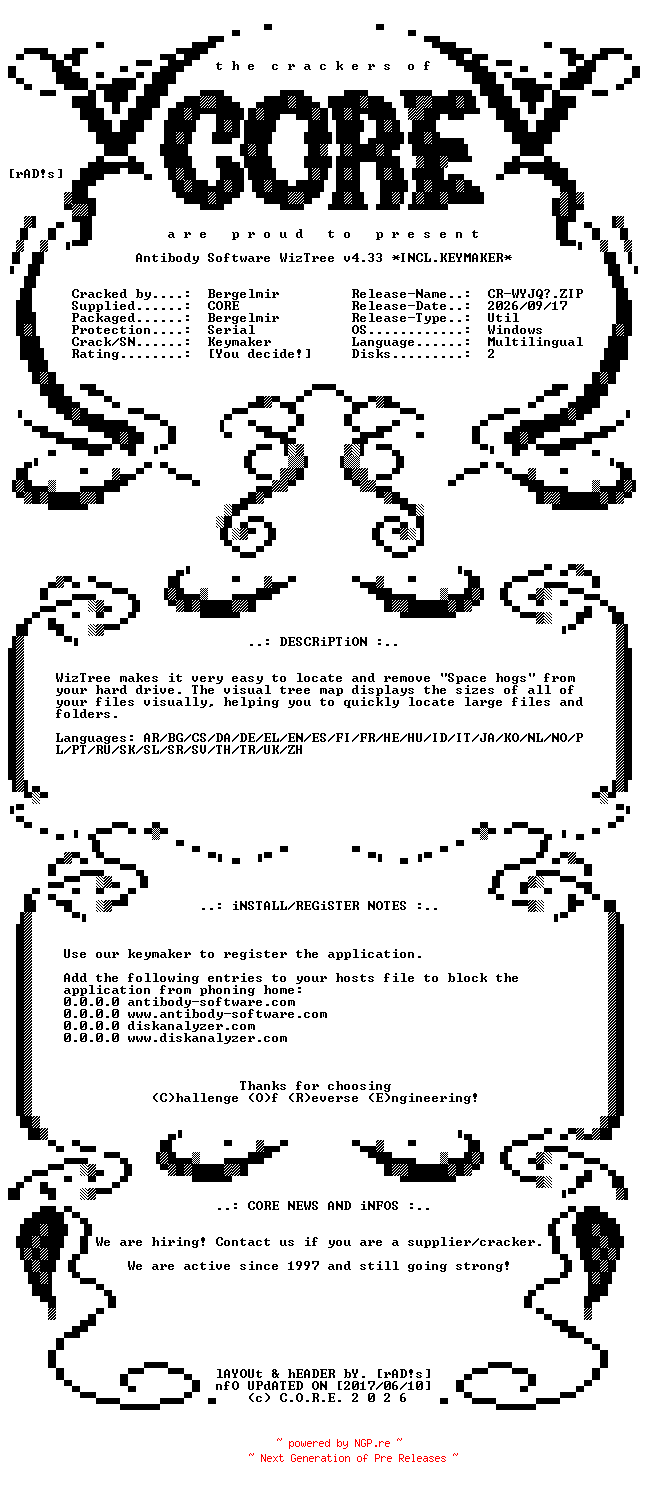 NFO for the release Antibody.Software.WizTree.v4.33.Multilingual.Incl.Keymaker-CORE by CORE