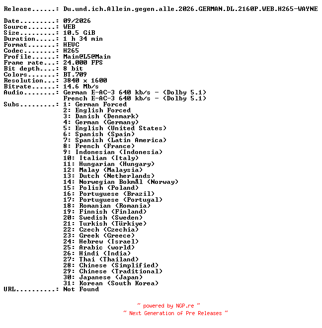 NFO for the release Du.und.ich.Allein.gegen.alle.2026.GERMAN.DL.2160P.WEB.H265-WAYNE by WAYNE