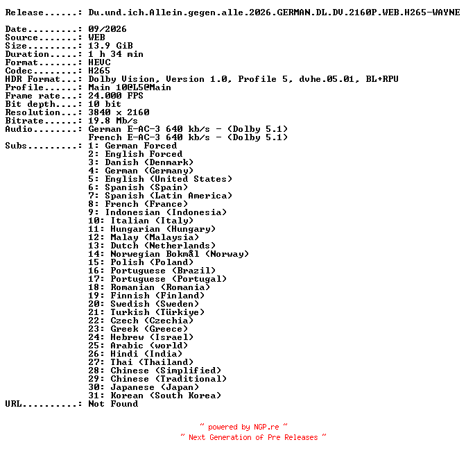 NFO for the release Du.und.ich.Allein.gegen.alle.2026.GERMAN.DL.DV.2160P.WEB.H265-WAYNE by WAYNE