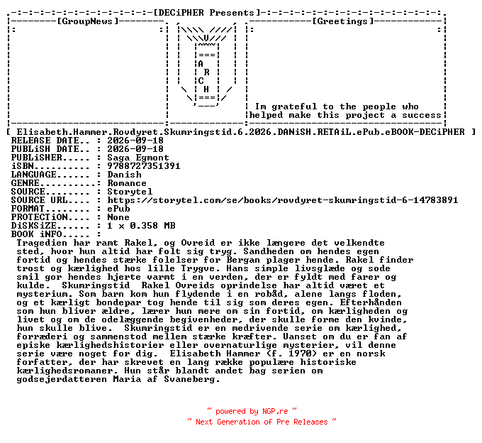 NFO for the release Elisabeth.Hammer.Rovdyret.Skumringstid.6.2026.DANiSH.RETAiL.ePub.eBOOK-DECiPHER by DECiPHER