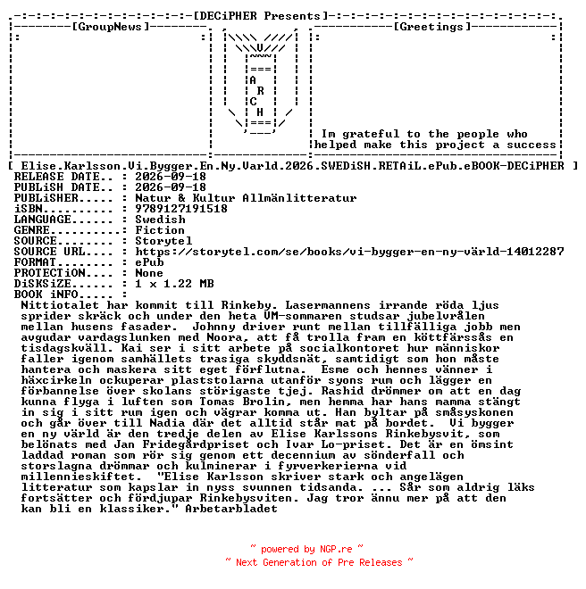 NFO for the release Elise.Karlsson.Vi.Bygger.En.Ny.Varld.2026.SWEDiSH.RETAiL.ePub.eBOOK-DECiPHER by DECiPHER