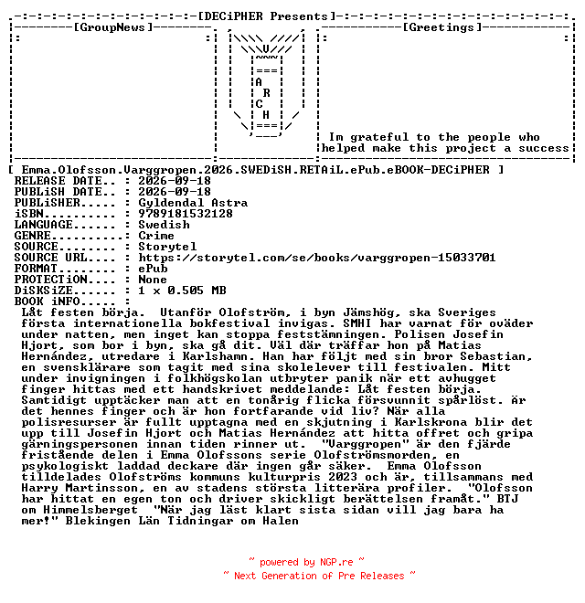 NFO for the release Emma.Olofsson.Varggropen.2026.SWEDiSH.RETAiL.ePub.eBOOK-DECiPHER by DECiPHER
