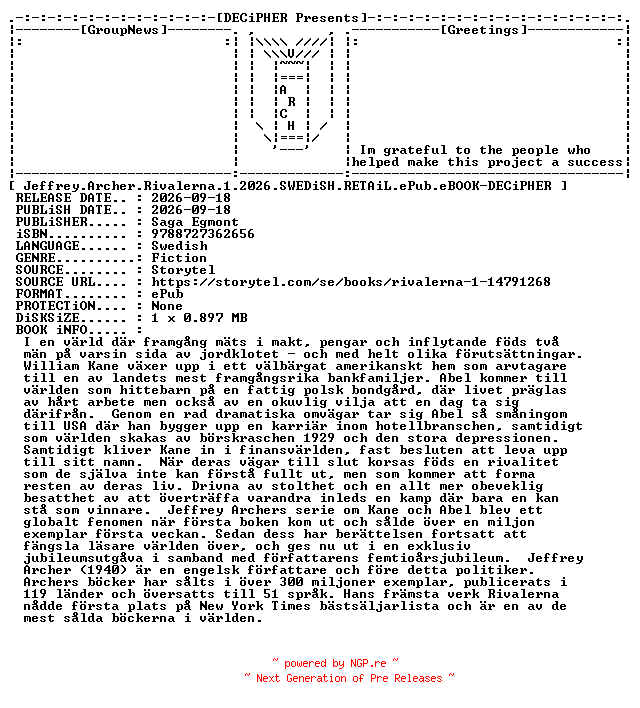 NFO for the release Jeffrey.Archer.Rivalerna.1.2026.SWEDiSH.RETAiL.ePub.eBOOK-DECiPHER by DECiPHER