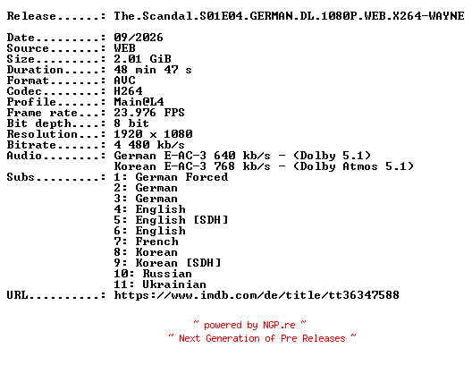 NFO for the release The.Scandal.S01E04.GERMAN.DL.1080P.WEB.X264-WAYNE by WAYNE