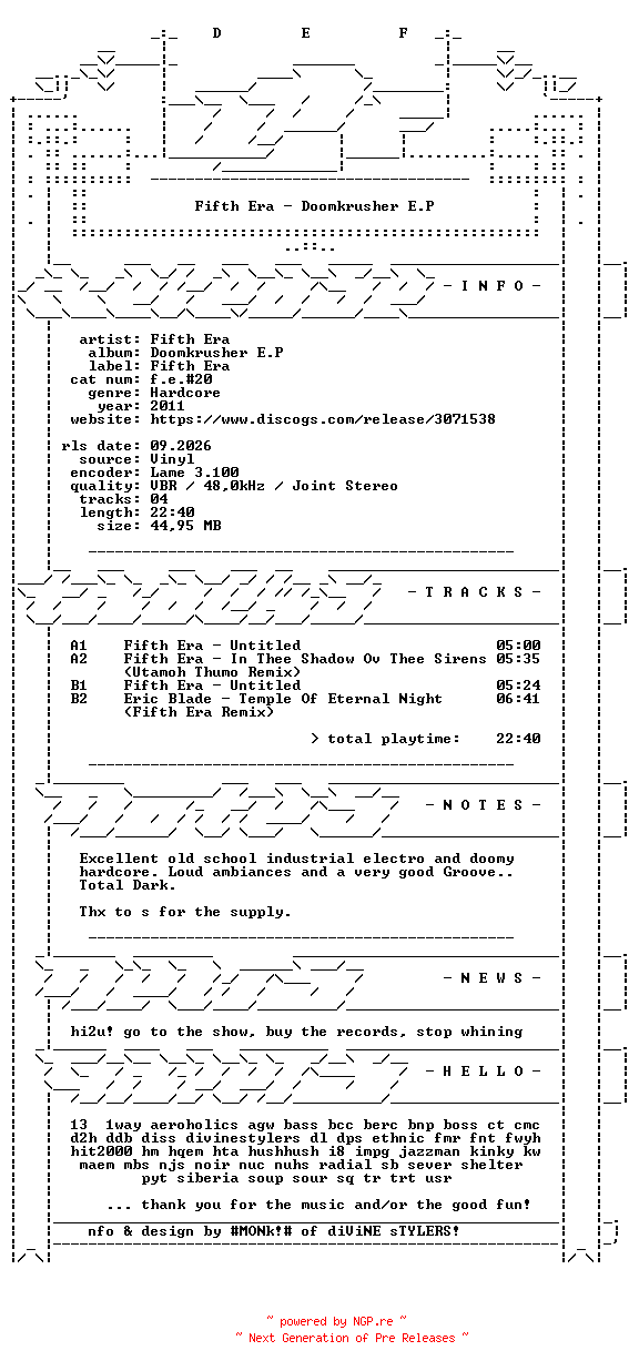NFO for the release Fifth_Era-Doomkrusher_E.P-(F.E.20)-VINYL-2011-DEF by DEF