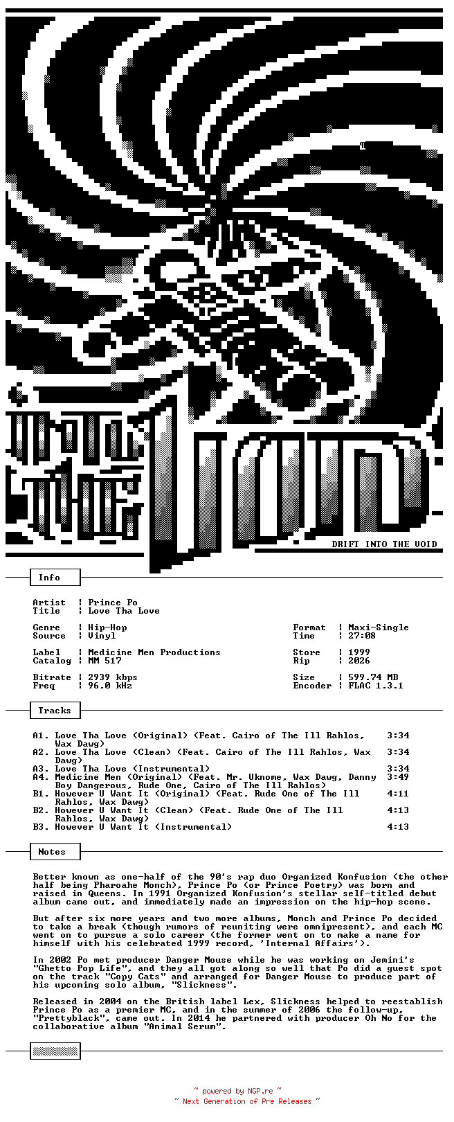 NFO for the release Prince_Po-Love_Tha_Love-VLS-FLAC-1999-THEVOiD by THEVOiD