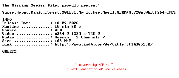 NFO for the release Super.Happy.Magic.Forest.S01E31.Magischer.Muell.GERMAN.720p.WEB.h264-TMSF by TMSF
