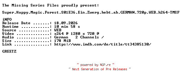 NFO for the release Super.Happy.Magic.Forest.S01E36.Ein.Zwerg.hebt.ab.GERMAN.720p.WEB.h264-TMSF by TMSF