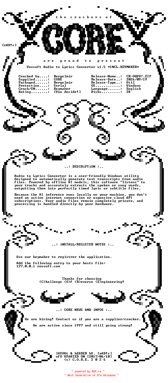 NFO for the release Vovsoft.Audio.to.Lyrics.Converter.v1.5.Incl.Keymaker-CORE by CORE
